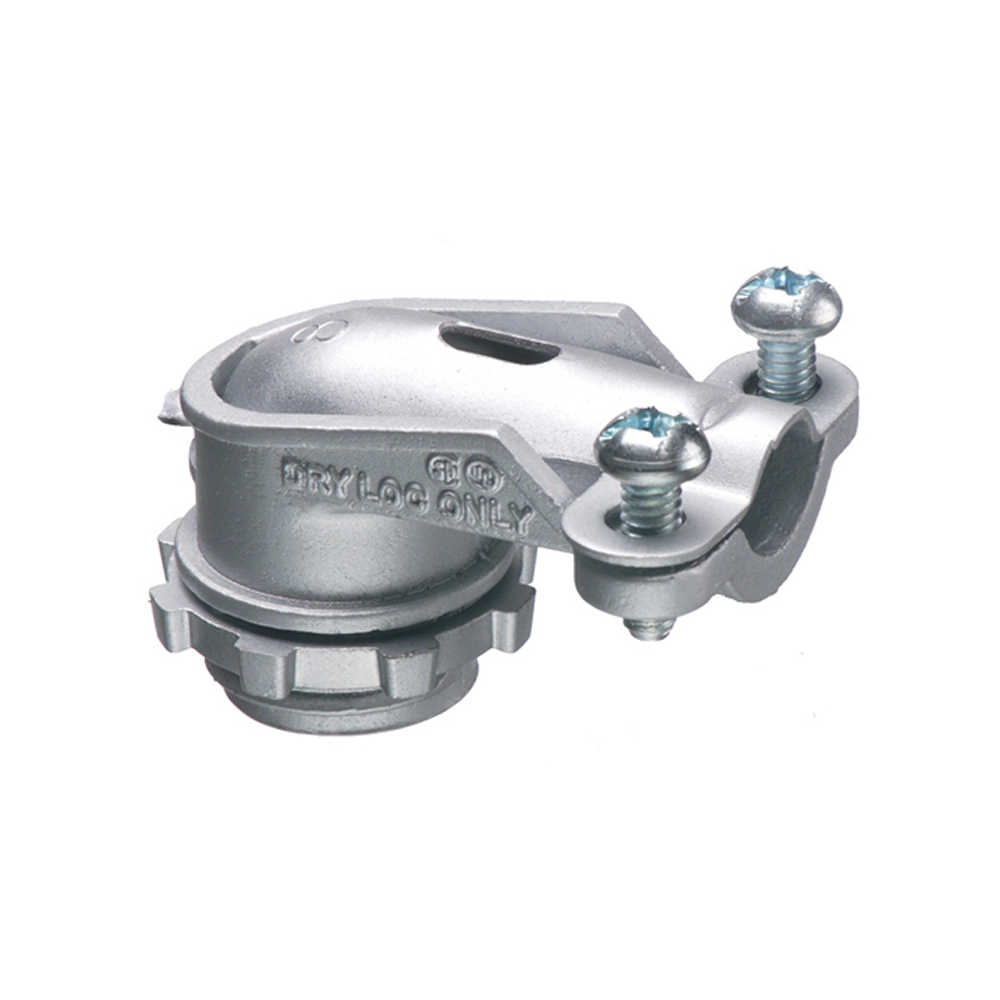 Zinc die-cast, 90 degree 2 screw flex connector for aluminum and steel Flex. Provides smaller cable range for MCI cable. Secures into a 1/2" Knockout with a diecast locknut. Provided with an insulated throat. Accommodates cable range .440 to .750.