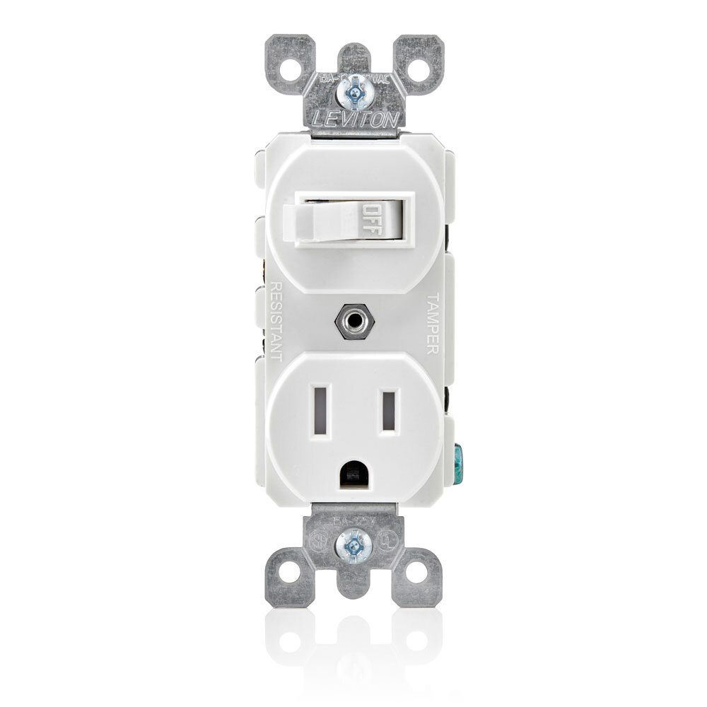 Combination, 15 Amp, 120 Volt AC Toggle Switch, and 15amp, 125 Volt 5-15R Tamper Resistant Receptacle, Grounding, White