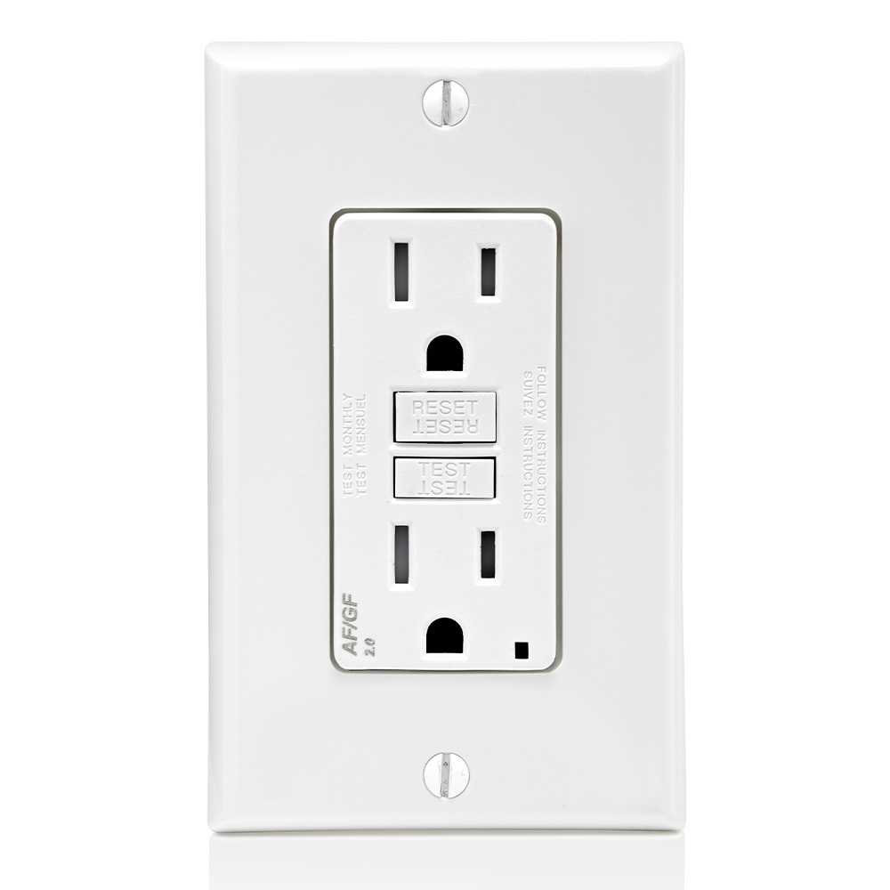 15 Amp, 125 Volt Dual Function AFCI/GFCI Receptacle, 20 Amp Feed-Through, Tamper-Resistant, Monochromatic, back and side wired, nylon wallplate/faceplate, screws and self-grounding clip included  White