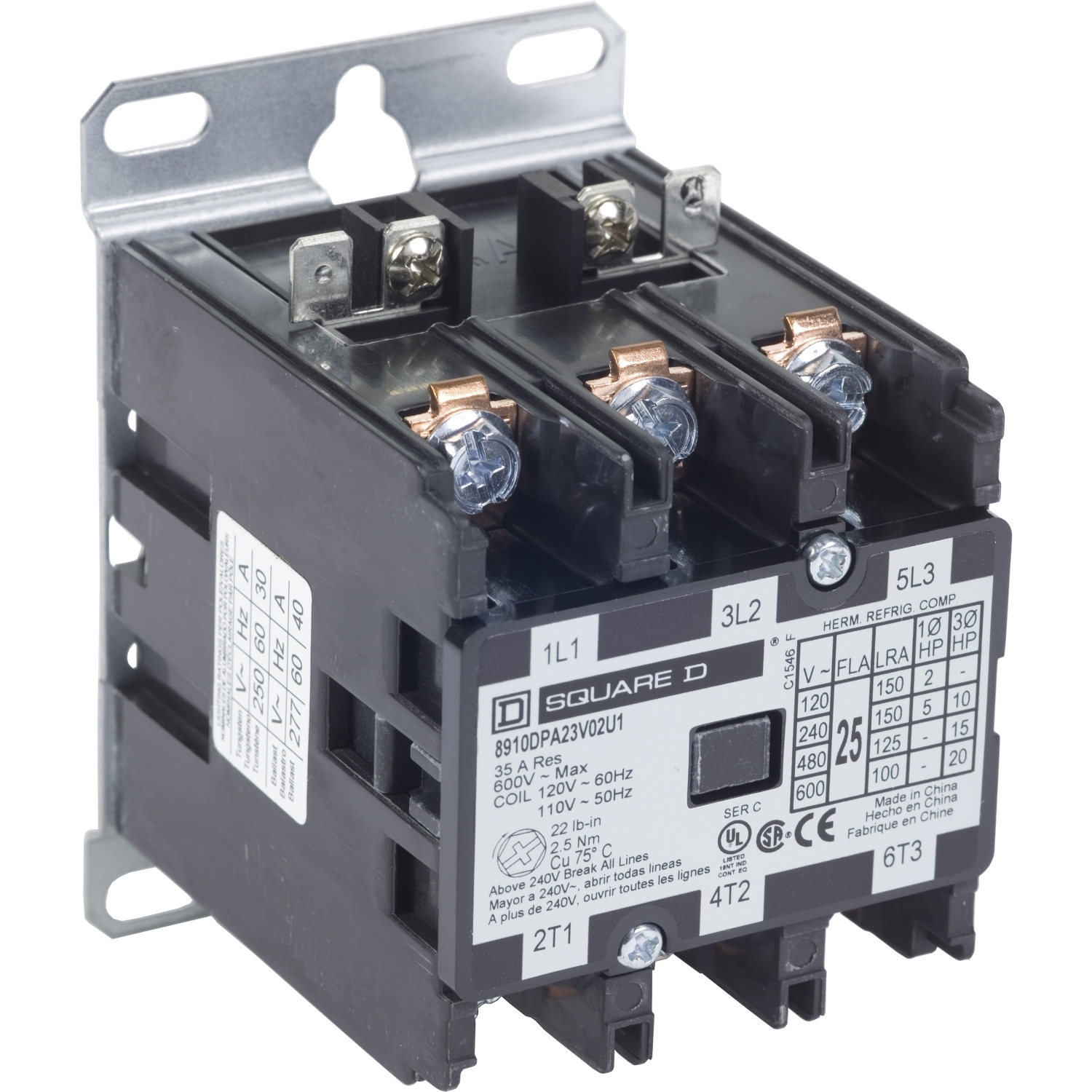 Contactor, Definite Purpose, 25A, 3 pole, 20 HP at 575 VAC, 3 phase, 110/120 VAC 50/60 Hz coil, open, UL Listed