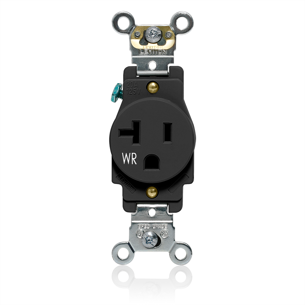 Single Receptacle Outlet, Heavy-Duty Industrial Specification Grade, Weather-Resistant, Smooth Face, 20 Amp, 125 Volt, Back or Side Wire, NEMA 5-20R, 2-Pole, 3-Wire, Self-Grounding - Black
