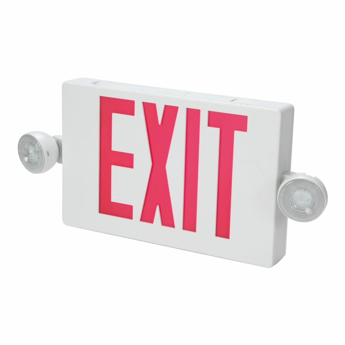 Combo Unit, White Housing, Remote Capacity, Led-Exit, (2) LED Emergency Light Heads, Universal Face Red Letters