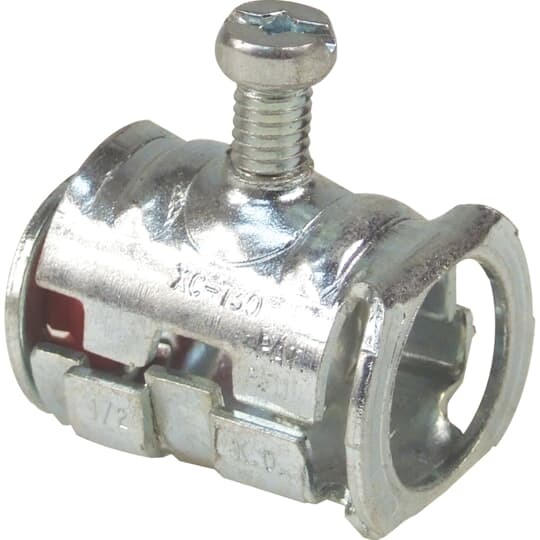 Cable Lok Set Screw Connector, Size Range 0.610 Inch - 0.875 Inch or 3/4 Inch Knockout, AC Steel 14/2 14/3 14/4 12/2 12/3 12/4 10/2, MC (I) Steel 10/4 10/5 8/3 8/4 6/2, MC (I) Aluminum 3/4 Inch Knockout, Flex RW 3/8 Steel and Aluminum, Material Zinc Plated Steel with Nylon Insulator