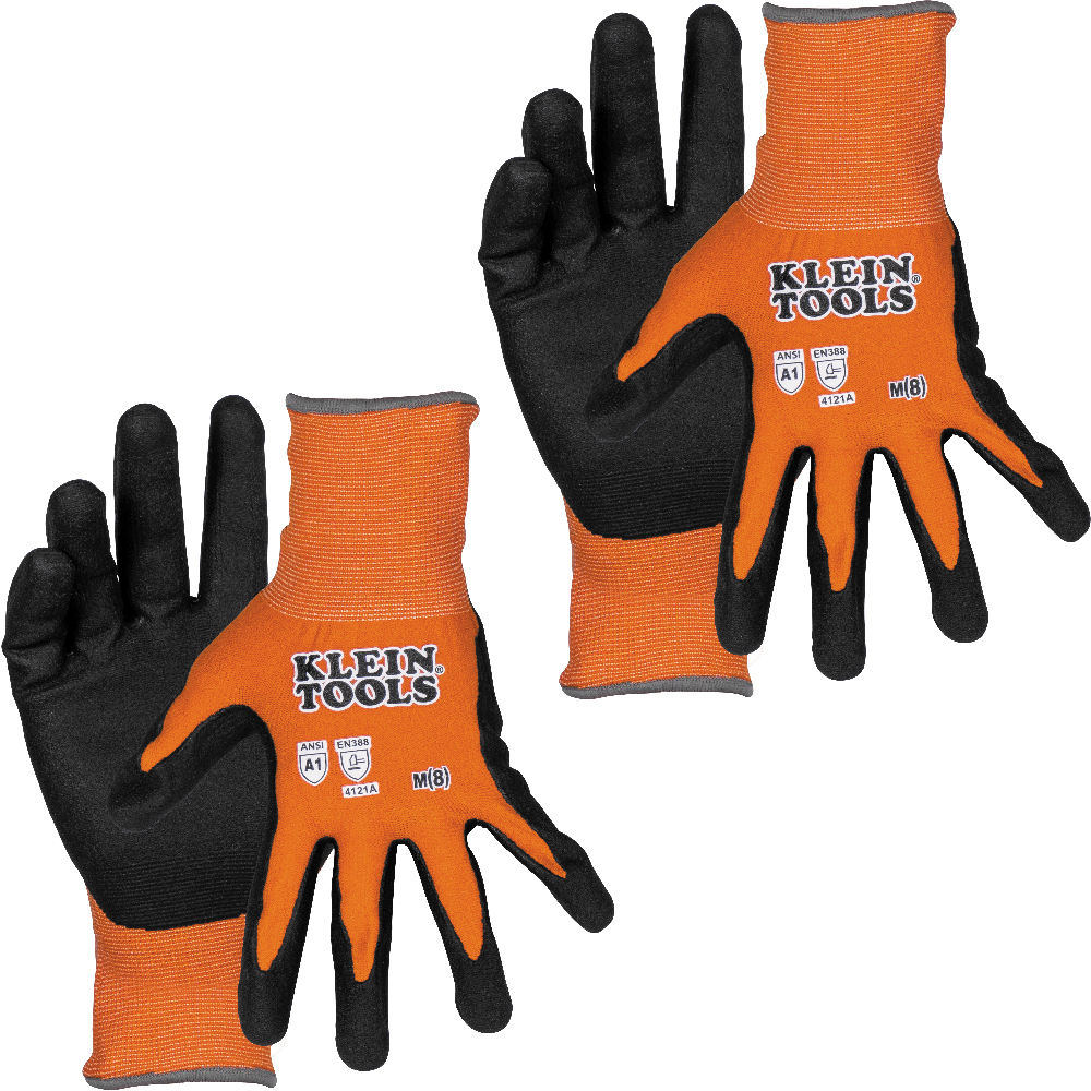 Klein Tools Knit Dipped Gloves are the ideal everyday glove for any job that requires high dexterity and moderate hand protection. The Knit Dipped gloves will help keep your hands clean and safe while offering a significant amount of cut resistance. The nylon-spandex material allows for a comfortable fit while conforming to hand shape. Stay connected and protected with touchscreen capable fingertips. The microfoam nitrile dip coating provides grip in a variety of conditions.