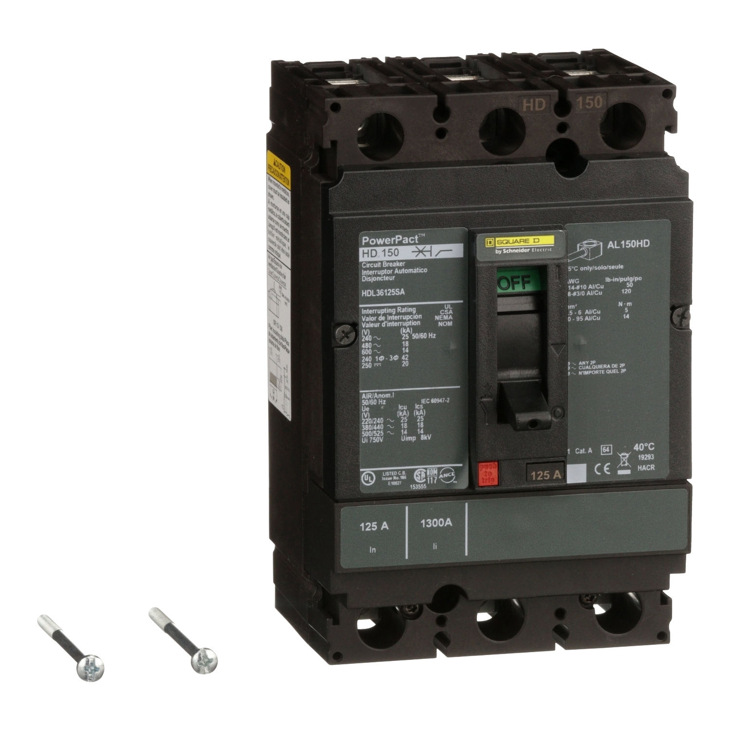 Circuit breaker, PowerPacT H, 125A, 3 pole, 600VAC, 14kA, lugs, thermal magnetic, 80%, shunt