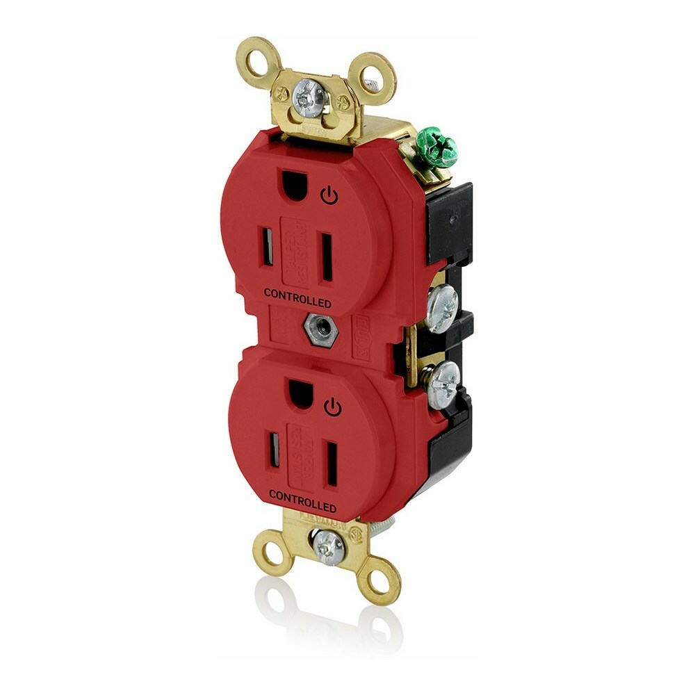 15 Amp. 125 Volt. NEMA 5-15R. 2P/3W. Industrial Series Extra Heavy Duty Specification Grade. Duplex Receptacle. 2 Plug Controlled Markings. Straight Blade. Self Grounding. Back And Side 8 Hole Feed-Thru Wired. Contractor Pack - Red