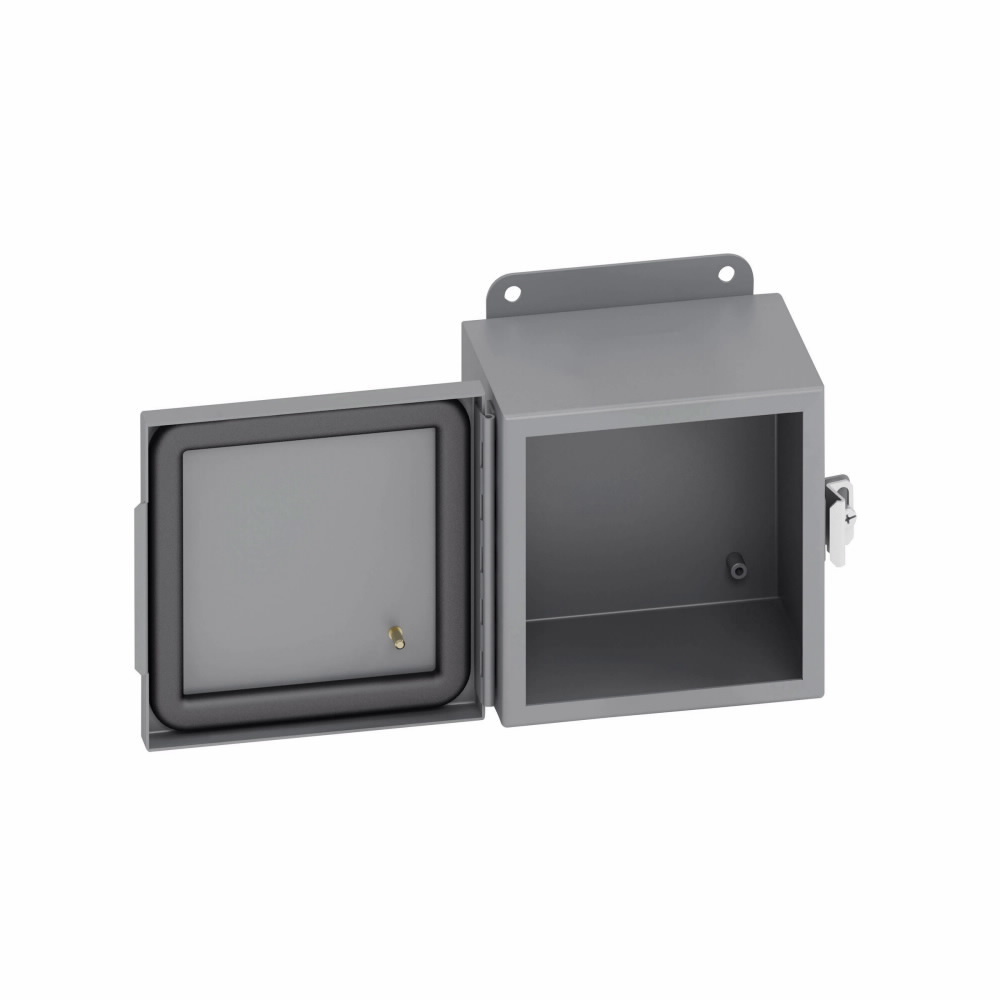 Eaton B-Line series JIC panel enclosure, 14" height, 6" length, 12" width, NEMA 4, Hinged cover, 4CHC enclosure, Wall mount, Small single door, External mounting feet, Carbon steel, Seamless poured in-place gasket