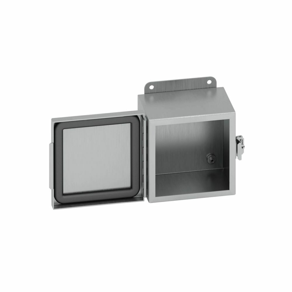 Eaton B-Line series JIC panel enclosure, 8" height, 4" length, 8" width, NEMA 4X, Hinged cover, 4XSCHC enclosure, Wall mount, Small single door, External mounting feet, 304 stainless steel, Seamless poured in-place gasket