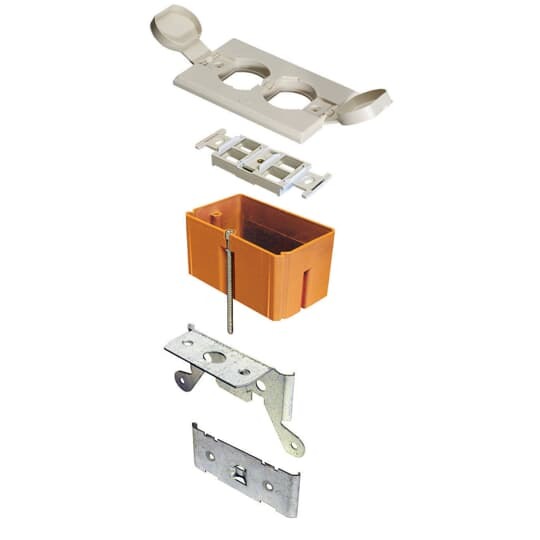 Non-metallic low voltage adjustable floor bracket with brass cover.