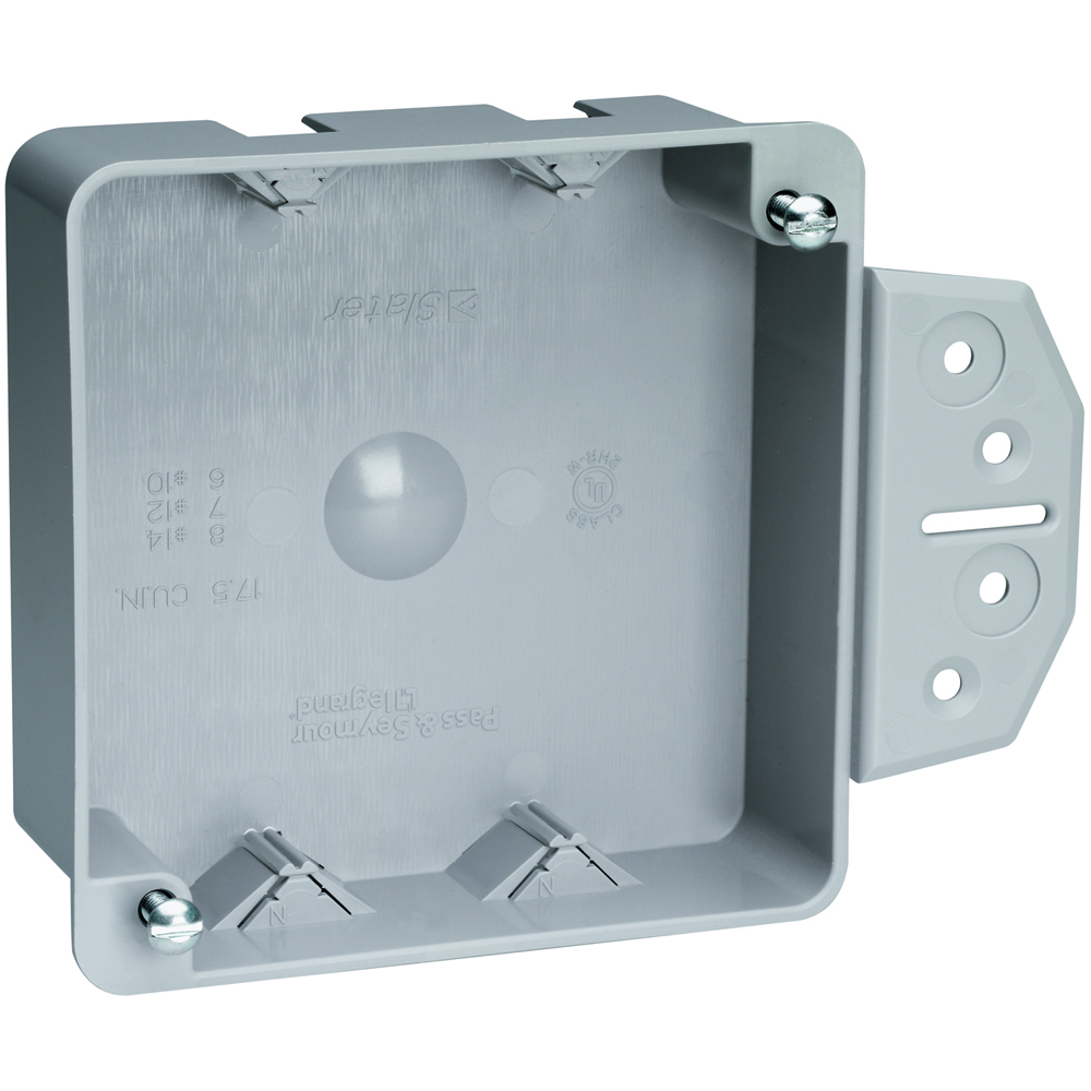 Shallow 4 Square box with Captive Mounting Nails on Each End with Threaded Mounting Holes. Two Auto/Clamps on Each End. Two #8 Mounting Screws Factory Installed. 50 pack.