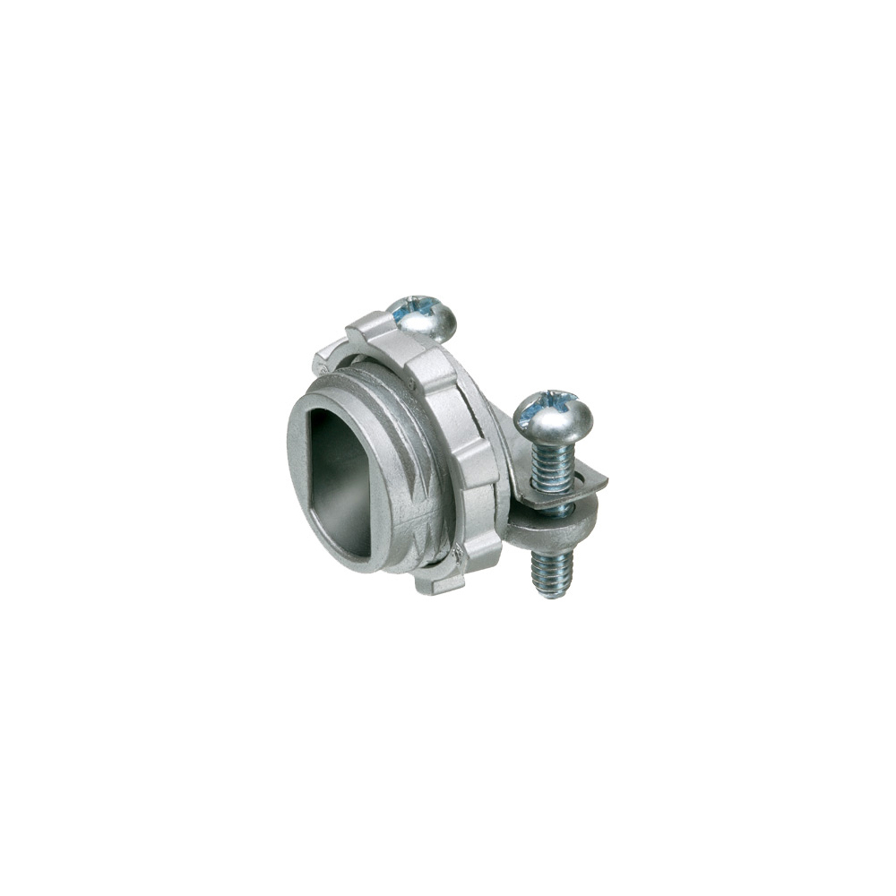 Zinc die-cast, 1/2" knockout cable connector with rectangular end stop. End stop diameter: .400x.580. Also accommodates MCI-A cable ranges. Secures into knockout with a locknut.