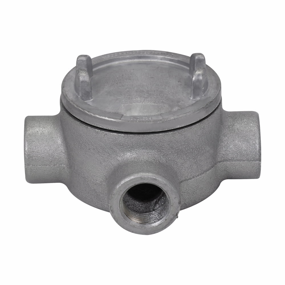 Eaton Crouse-Hinds series Condulet GUA conduit outlet box with cover, 3" cover opening diameter, Feraloy iron alloy, X shape, 3/4"