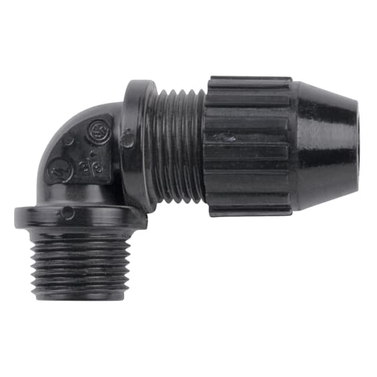 Liquidtight Cord Connector, 3/4 Inch, 90 Degree Bend, Cord Range 0.560 to 0.690 Inch, Meets Coast Guard CG293, Nylon, Black
