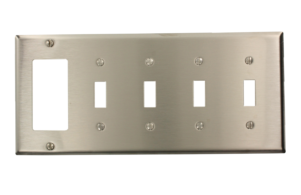 5-Gang 4-Toggle, 1-Decora/GFCI Device Combination Wallplate, Device Mount, Stainless Steel