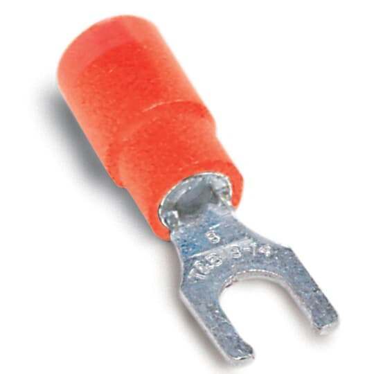 Expanded Vinyl-Insulated Locking Fork Terminal, Length .97 Inches, Width .25 Inches, Maximum Insulation .170, Bolt Hole #6, Wire Range #22-#18 AWG, Color Red, Copper, Tin Plated