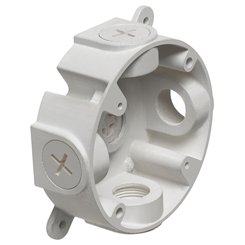 Non-Metallic rainbox for fans and fixtures exposed to the elements. Oversized medallion accommodates canopies up to 7" in diameter. 21.0 cu. in. Color White.