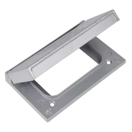 1 Gang Device Box Cover, Die Cast Aluminum, GFCI Receptacle Horizontal, Box Mount, Raintight When Used with Appropriate Box, Gasket and Screws Included with Cover