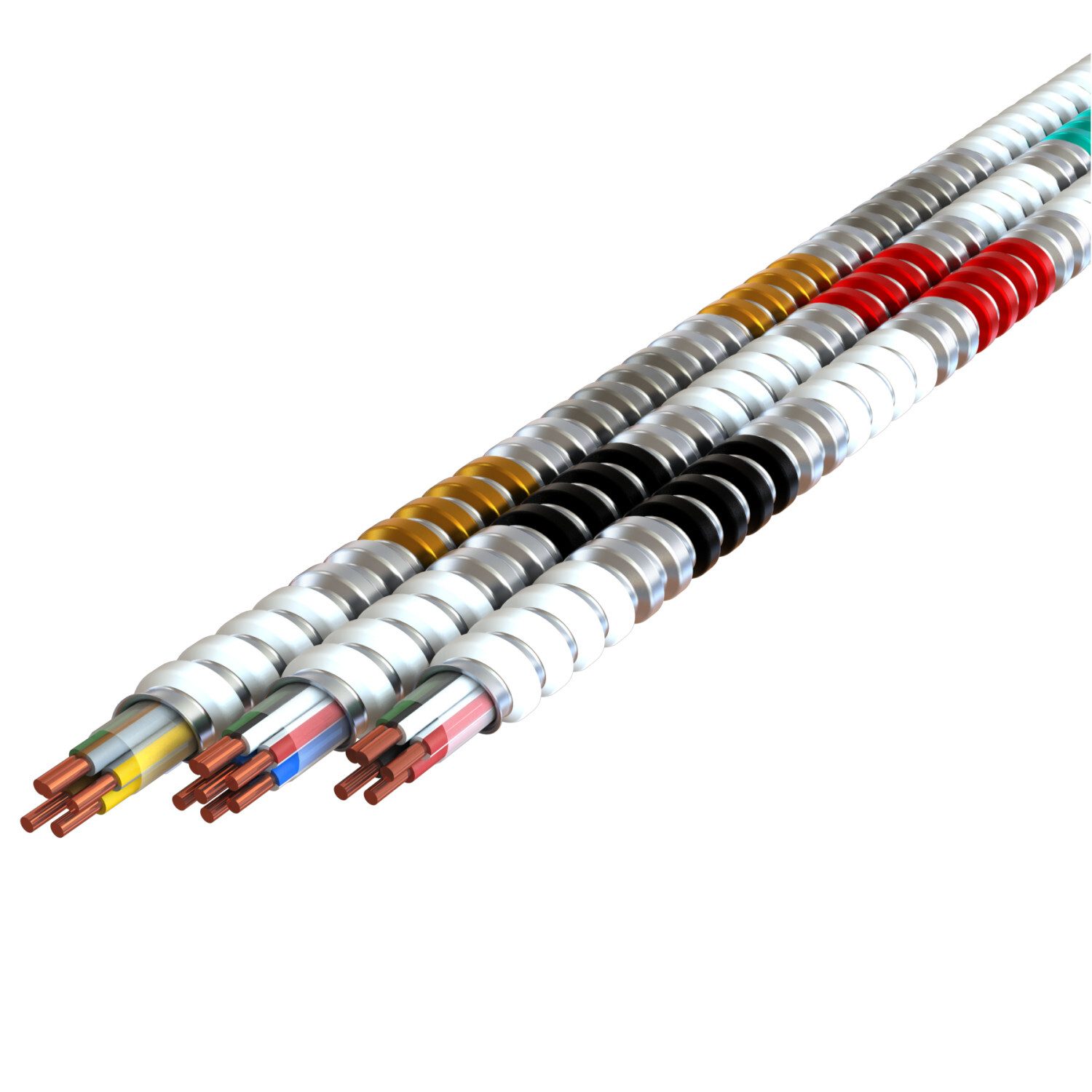 12-2/12-2/12-1 BK RD WE/BK WE/RD GN MC Plus, White Interlocked Galvanized Steel Armor with phase ID, 250' Coil, Type MC - Neutral Per Phase