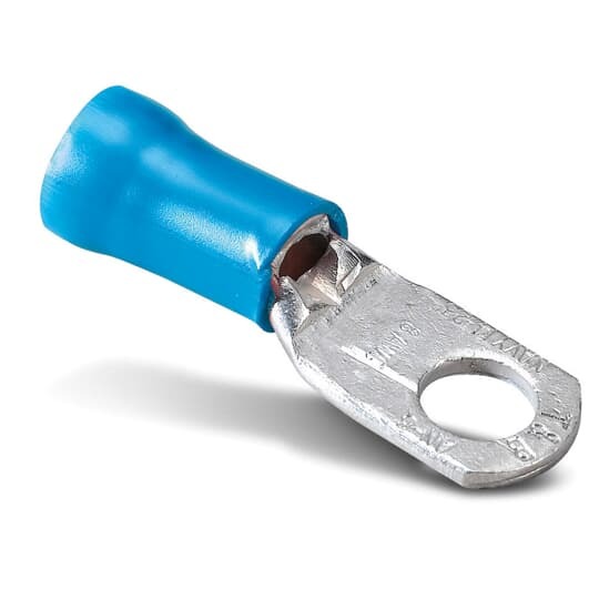 Vinyl Insulated Large Ring Terminal, Length 1.65 Inches, Width .49 Inches, Maximum Insulation .420, Bolt Hole 1/4 Inch, Wire Range 6, Color Blue, Copper, Tin Plated, 200 Pack