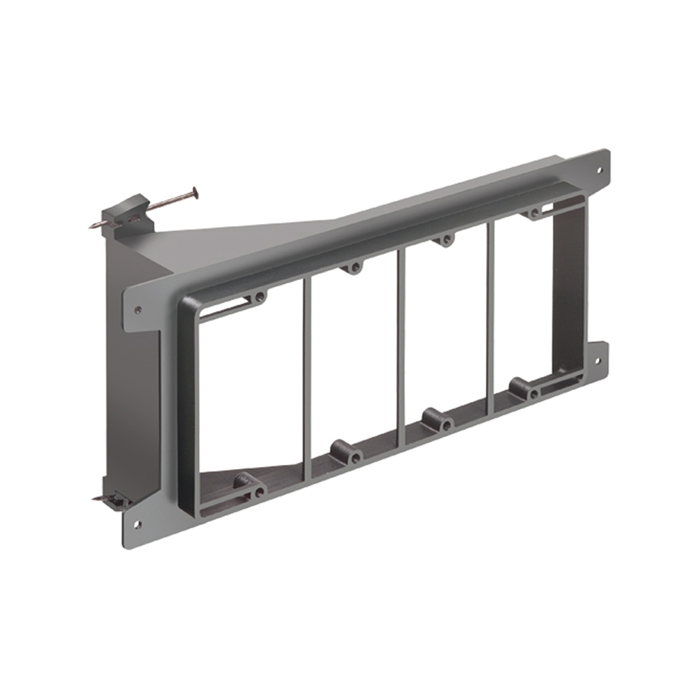 Nail on, Four gang, Low Voltage mounting bracket for new construction on wood studs. Built in loop to tie off cable.