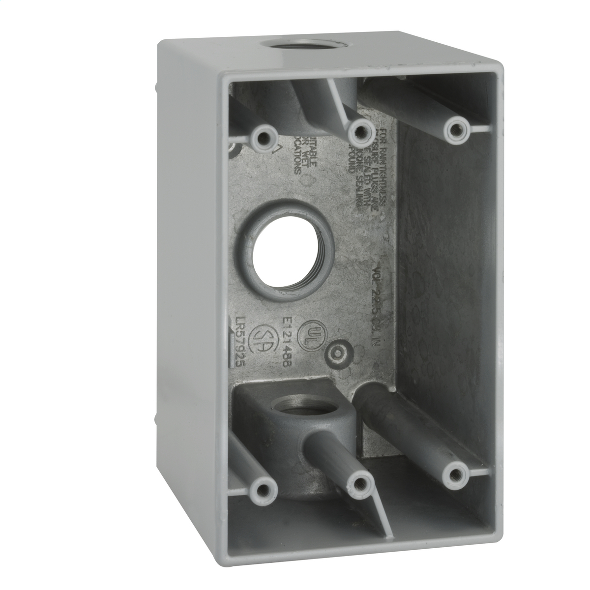2-5/8 In. Deep, with Lugs - Three Threaded Outlets - 4-1/2 In. x2-3/4In., (3) 1/2 In. Outlets