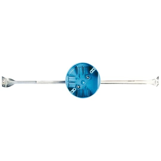 Round Ceiling Box, Volume 20 Cubic Inches, Diameter 4 Inches, Depth 2-1/4 Inches, Color Blue, Material Polycarbonate, Mounting Means 14.38 Inches - 22.50 Inches Adjustable Bar Hanger