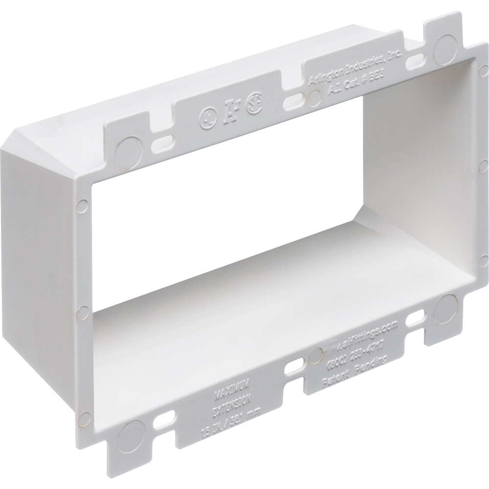 Box Extender, levels and supports the wiring device where the box is set back from the wall surface extends the box up to 1-1/2". 2 hour fire rating. three gang.