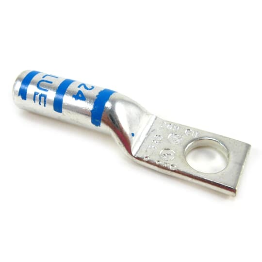 Copper One-Hole Lug, Long Barrel, Blind End, Max 35kV, Wire Size #6 AWG, 3/8 Inch Bolt Size, Tin Plated, Die Code 24, Die Color Code Blue
