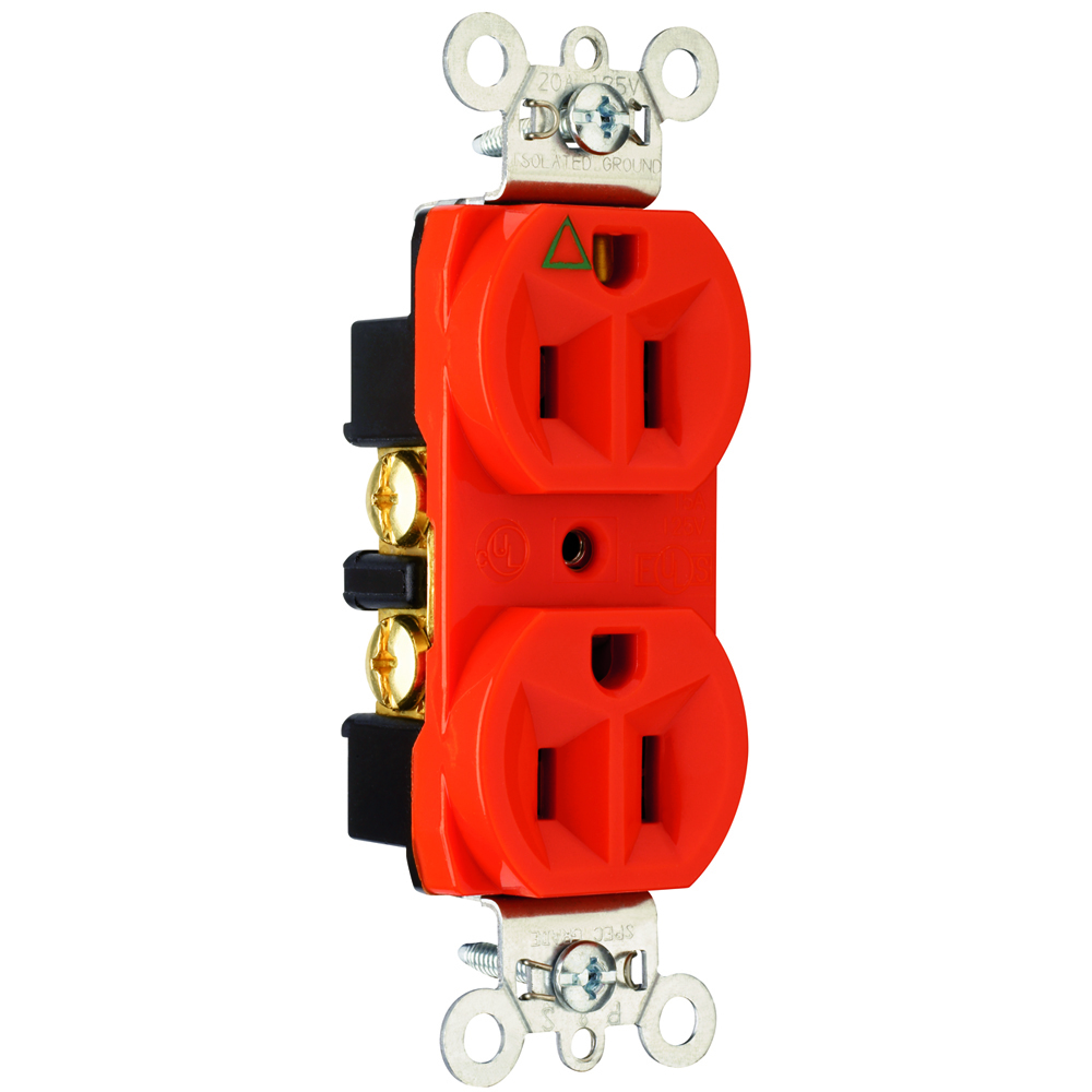 Isolated Ground Heavy-Duty Spec Grade Duplex Receptacle Back and, Side Wire 15amp 125volt Orange