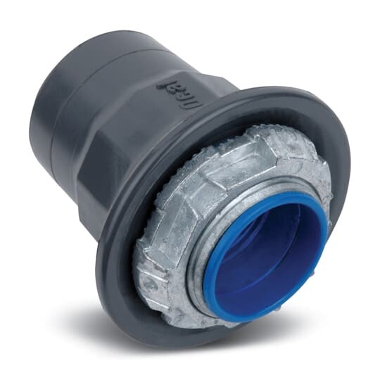 PVC Coated Zinc Hub Connector with Thermoplastic Insulated Throat, Pipe Size 1/2 Inch/16 Metric, Overall Diameter 1.44 Inch/36.58 Millimeters, Maximum Panel Thickness 0.19 Inch/4.83 Millimeters, Throat Diameter 0.59 Inch/14.99 Millimeters, Nitrile Rubber (Buna-N) Sealing Ring, Dark Gray
