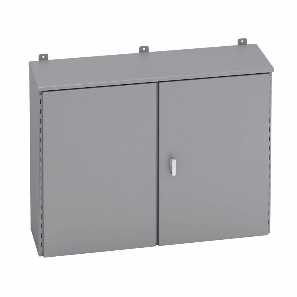 Eaton B-Line series Type 3/3R panel enclosures, 36" height, 12" length, 48" width, NEMA 3R, Hinged cover, DRHC enclosure, Wall mount, Medium double door, External mounting feet, Carbon steel