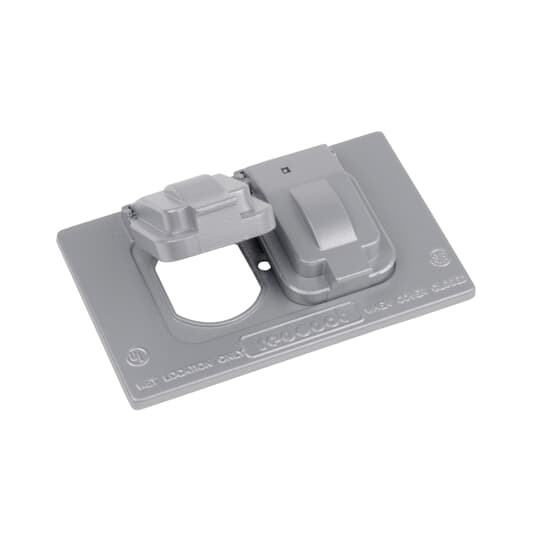 Single Gang Weatherproof Receptacle Cover, Silver, Aluminum, 1 Duplex Receptacle Horizontal, Box Mount