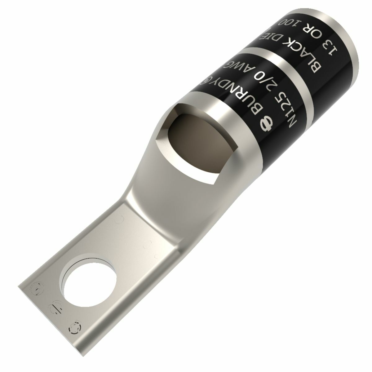 2/0 AWG CU, One Hole, 1/4 Standard Barrel, Inspection Window, Narrow Tongue Internal Chamfer, Tin Plated, UL/CSA, 90?C, Up to 35kV, BLACK Color Code, 13 Die Index.