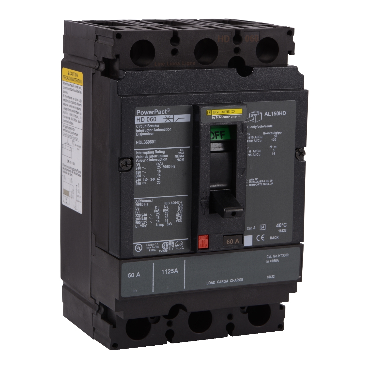 Circuit breaker, PowerPacT H, 60A, 3 pole, 600VAC, 14kA, lugs, Micrologic 6.2E, 80%