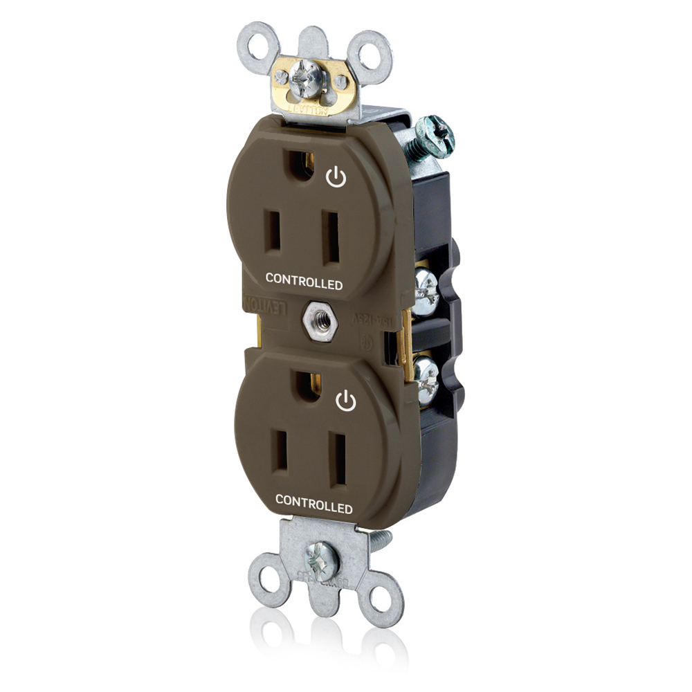 Duplex Receptacle Narrow Body Design. 2-pole 3-wire. Nema 5-15R. 15A-125V. Flat Face. Back And Sidewired. Industrial Spec Grade, Self Grounding. 2 Plugs Controlled Markings - Brown