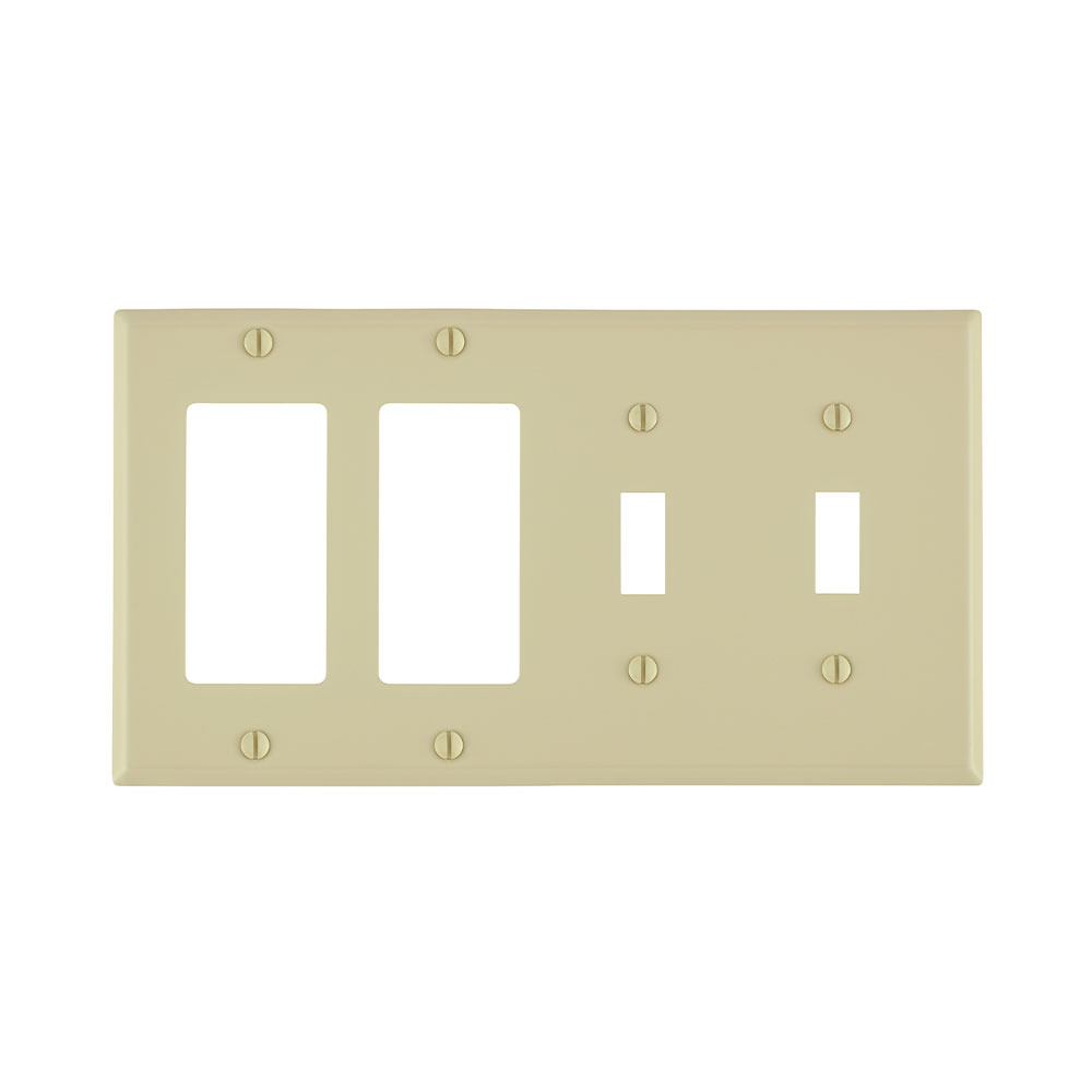 4-Gang 2-Toggle 2-Decora/GFCI Device Combination Wallplate, Standard Size, Painted Metal, Device Mount - Ivory