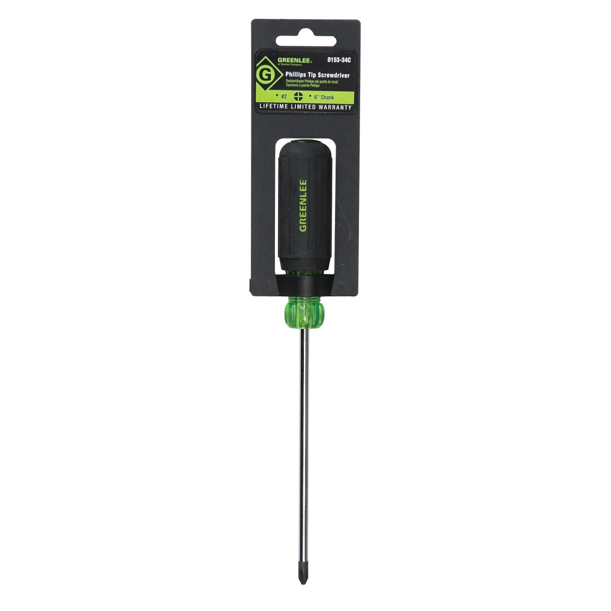 Heavy-Duty Phillips Tip Screwdriver #2 x 6".  Precision-machined tips for exact fit.  Handle marked for easy identification of screwdriver size, type and length.  Strong, durable black phosphate tips prevent chipping of plating.  Soft, cushioned grip for extra comfort and torque.  Exceeds ASME/ANSI specifications.  Lifetime limited warranty.  Note: This is not an insulated tool.