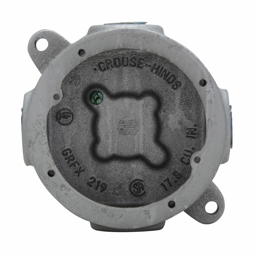 Eaton Crouse-Hinds series Condulet GRF tapped outlet box with lugs, 2-1/16" inside depth, Feraloy iron alloy, Surface mount, 4 hubs, 3 plugs, Blank back boss, 3/4"
