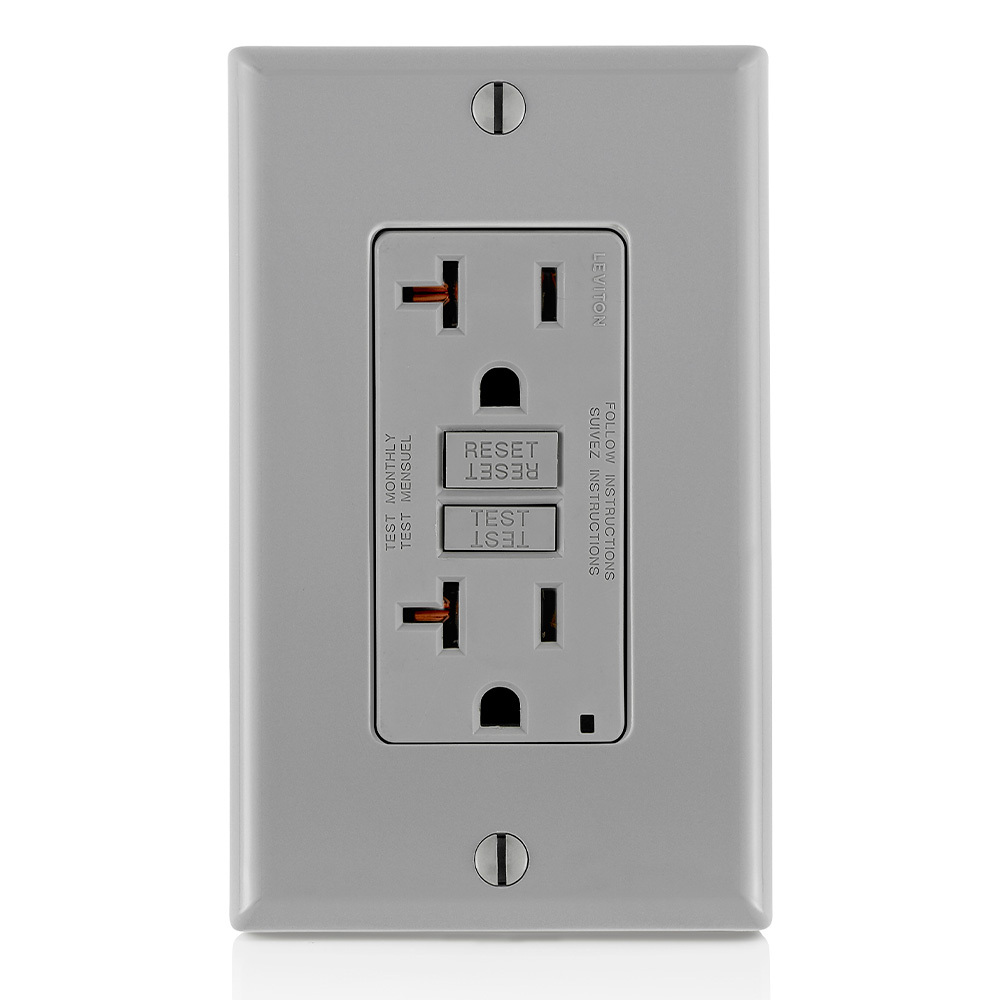 Self-Test Slim Tamper Resistant GFCI Receptacle. Nema 5-20R 20A-125V At Receptacle, 20A-125V Feed-through. Lighted - Gray With Gray Test And Reset Button.