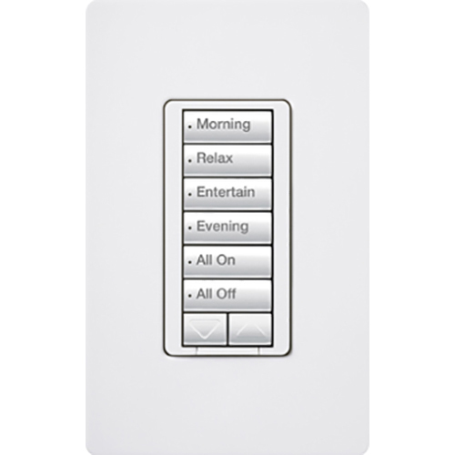 RadioRA 2 Hybrid Keypad, 6-button with raise/lower keypad and 450W/450VA two-wire or neutral-wire dimmer (Incandescent/Halogen/Magnetic Low Voltage), 120V, in white