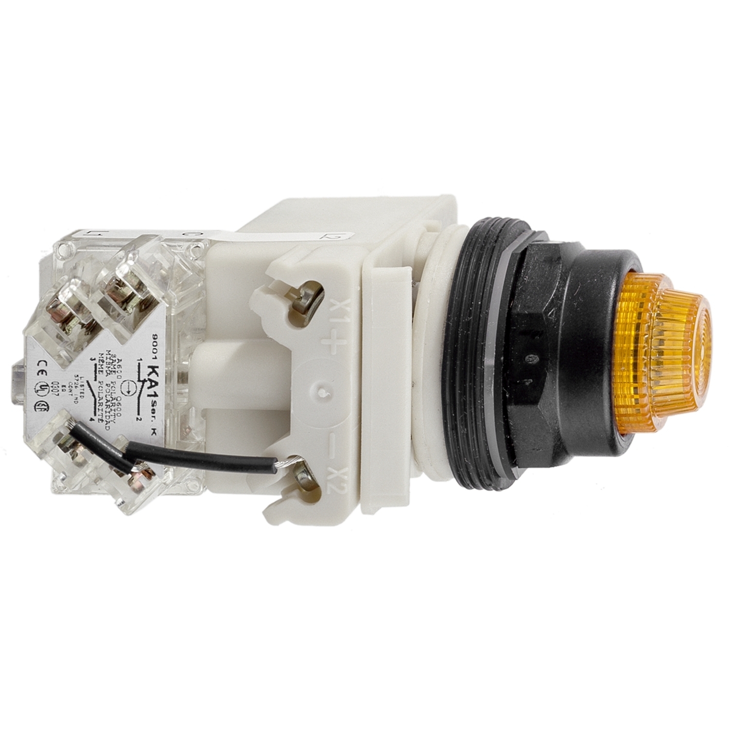 Push-to-test pilot light, Harmony 9001K, metal, polycarbonate, fresnel, amber, 30mm, LED yellow, 48V