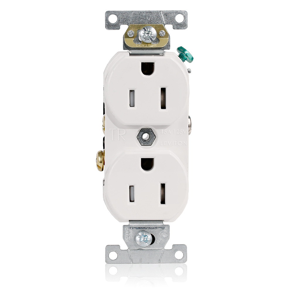 15 Amp, 125 Volt, NEMA 5-15R, 2P, 3W, Tamper Resistant, Narrow Body Duplex Receptacle, Straight Blade, Commercial Grade, Self Grounding, Back & Side Wired, Steel Strap, - WHITE