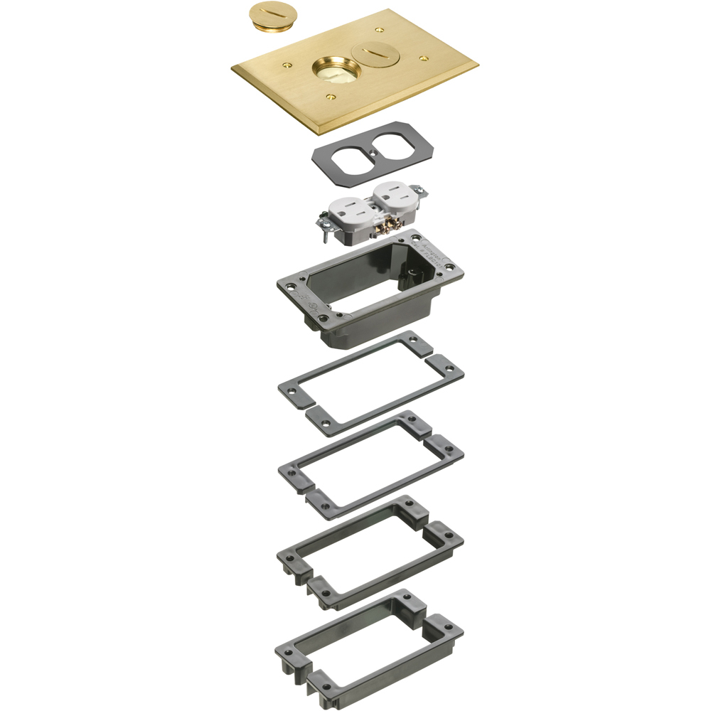 Trim kits for Arlington's Metallic concrete floor boxes. Brass.