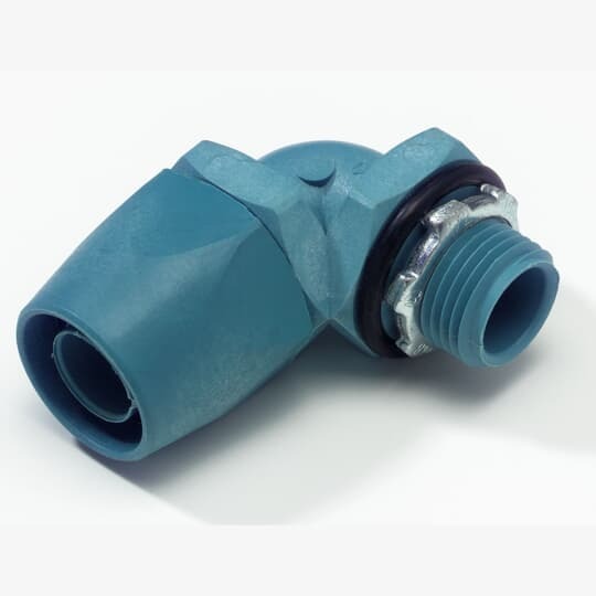 1/2 Inch 90 Degree Non-metallic Type A Liquidtight Connector With Captive Sealing O-ring and Tapered Hub Thread