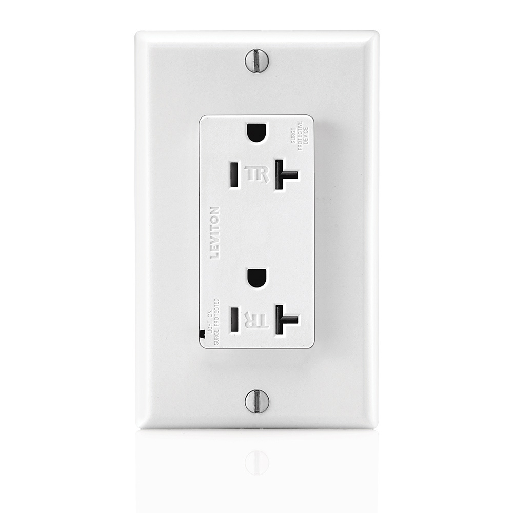 20 Amp, 125 Volt, Tamper Resistant, Decora Plus Duplex Surge Suppressor Receptacle, Straight Blade, Commercial, Self Grounding, White
