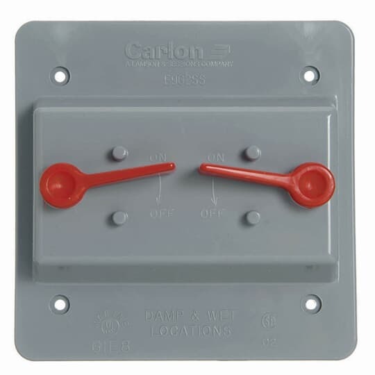 Two Gang Weatherproof Vertical Mount Two Toggle Switch Box Cover, Length 4.85 Inches, Width 4.85 Inches, Depth 1.84 Inches, Material Polycarbonate, Color Gray