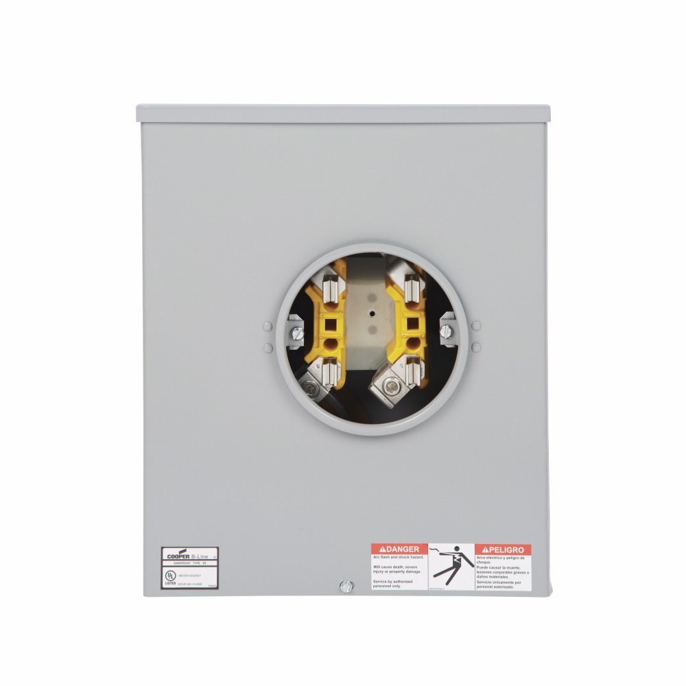 Eaton B-Line series single meter sockets, KOs top provision, 200 A, Underground, 4 jaws, Ring type, 3, Steel, ANSI 61 paint, Front, 1 pole, 3 wires, #6 - 350 MCM line lug size, #6 - 250 MCM load lug size, None