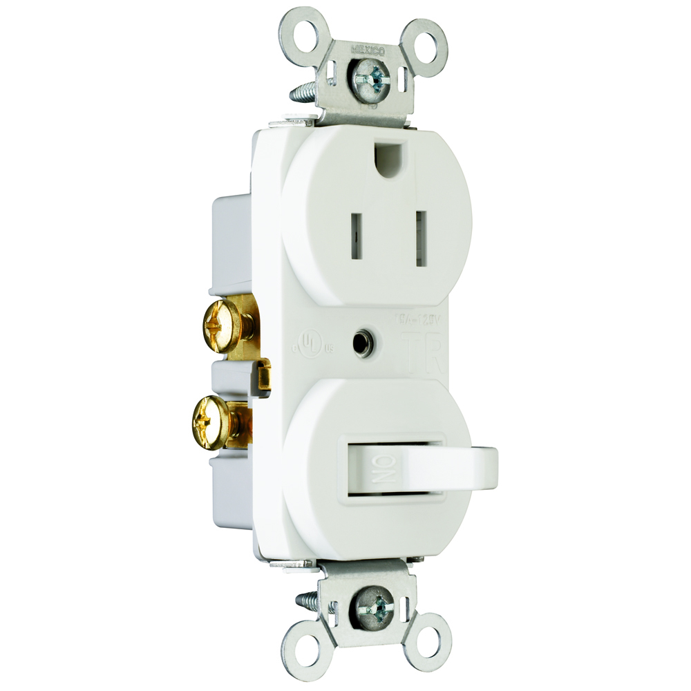 Single Pole Switch, Tamper-Resistant Receptacle. 15 amps, 120 volts, White.