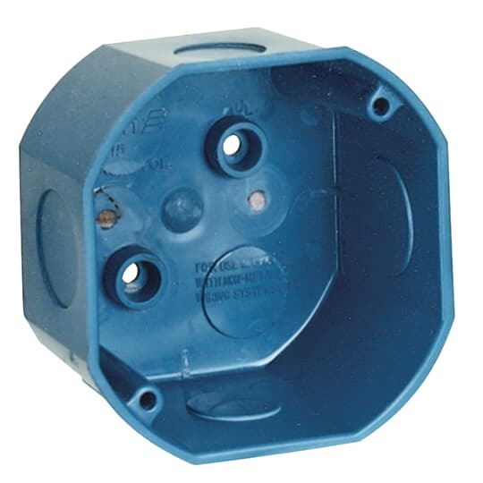 4 Inch 20.5 Cubic Inch  ENT non-metallic octagon ceiling box with 1/2 Inch and 3/4 Inch knockouts.