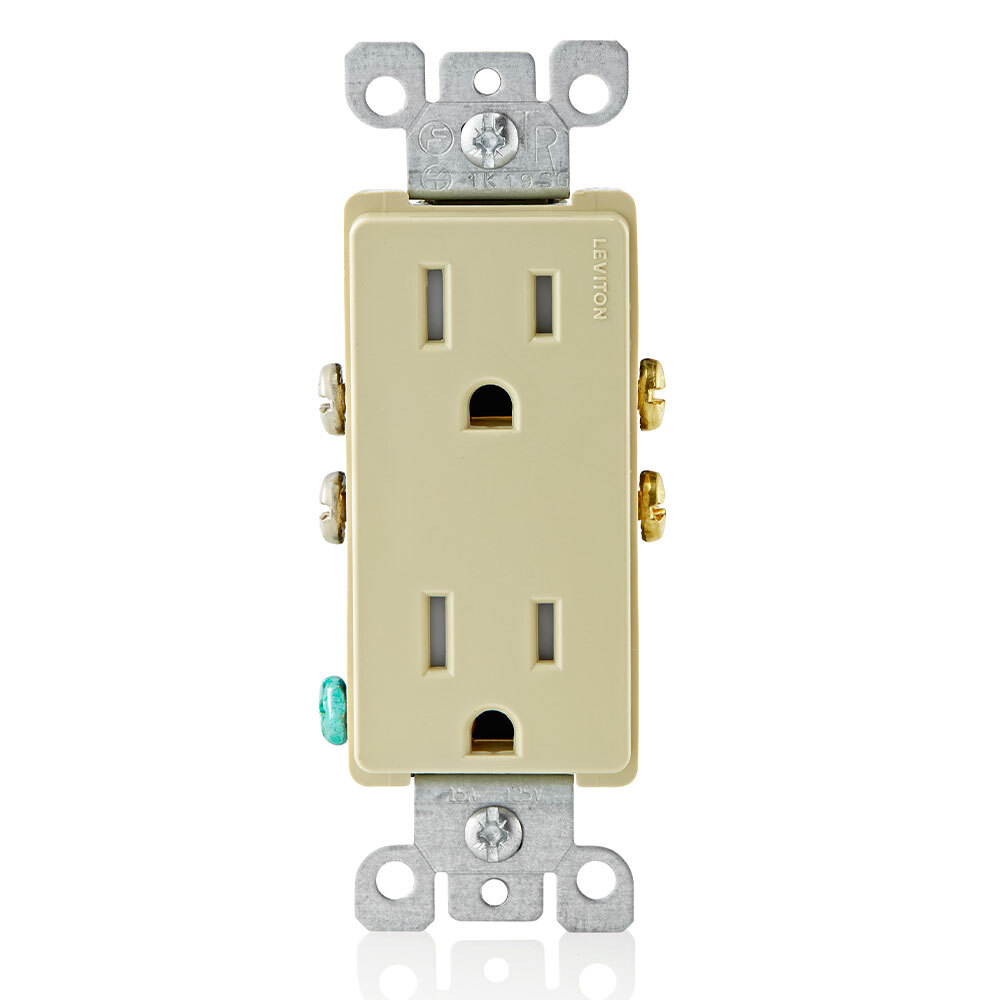 15 Amp 125 Volt, Tamper Resistant, Decora Duplex Receptacle, Straight Blade, Grounding, Ivory